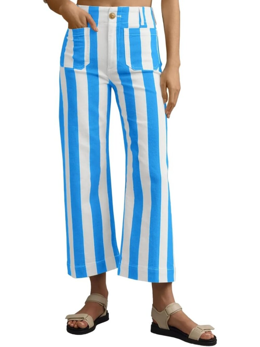Women's Blue Cropped Striped Jeans High Waisted Wide Leg Denim Pants